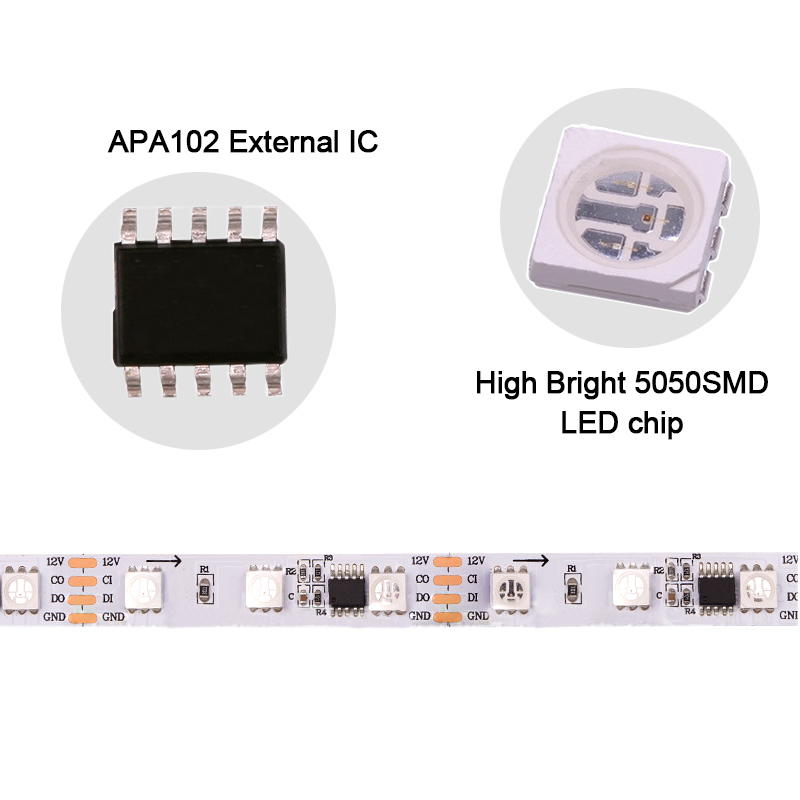 DC12V APA102 Addressable RGB Color Chasing LED Strip Light - Programmable External IC 60LEDs/m Flexible LED Tape Lights DC12V APA102 Addressable RGB Color Chasing LED Strip Light - Programmable External IC 60LEDs/m Flexible LED Tape Lights